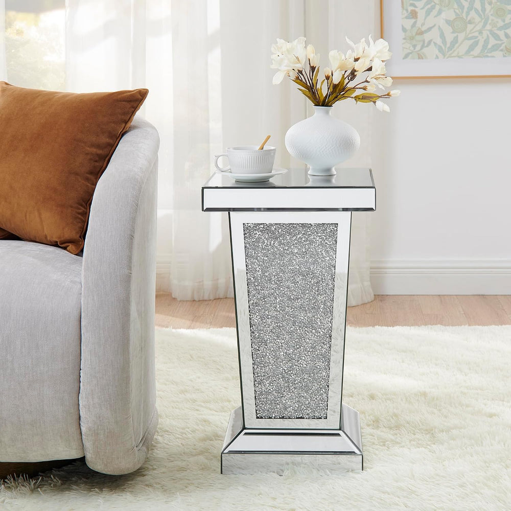 Mirrored End Table Modern Silver Side Table with Crystal Design Decorative Gl...