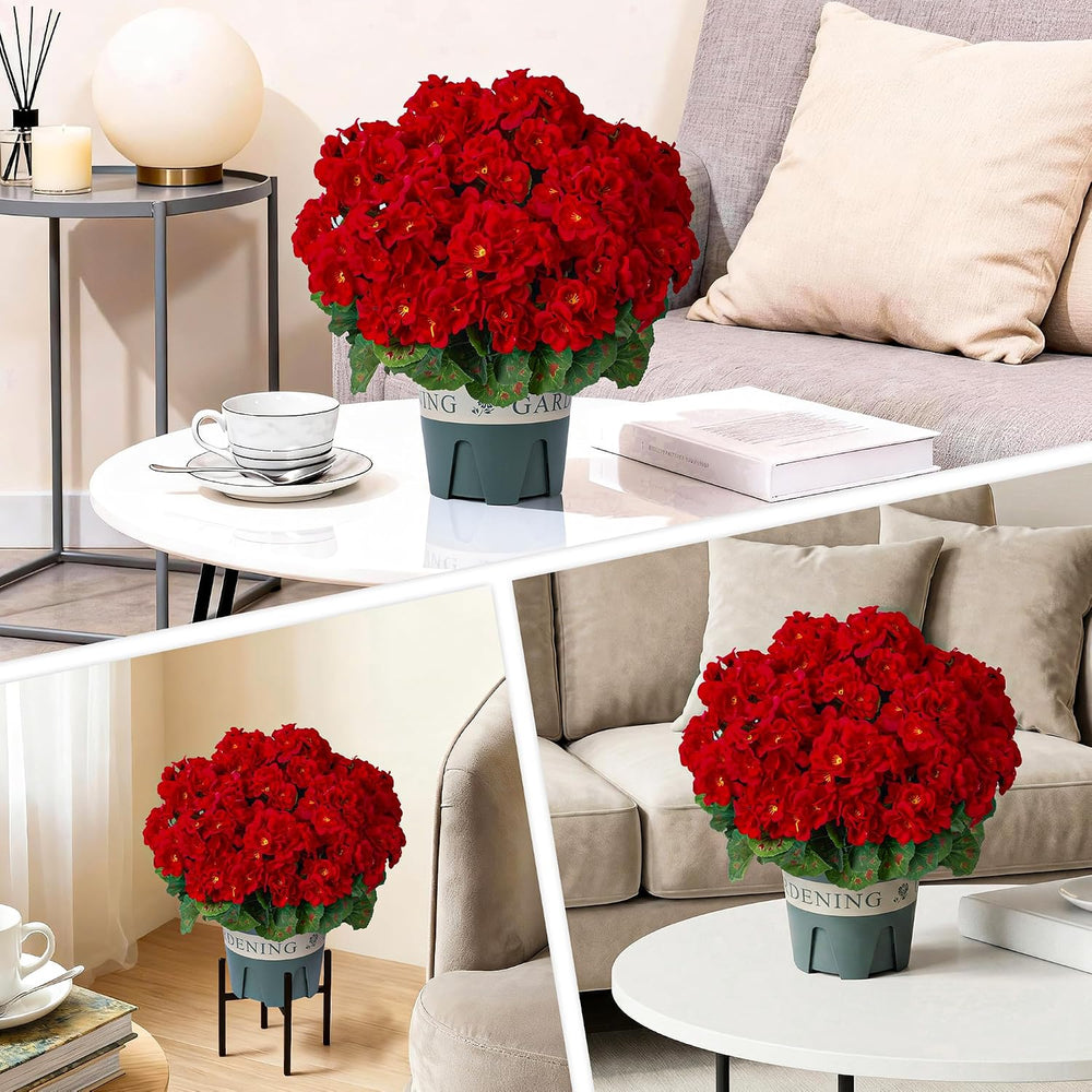 Geraniums Artificial Flowers for Outdoors, 2 Pack Potted Plants Red Faux Gera...