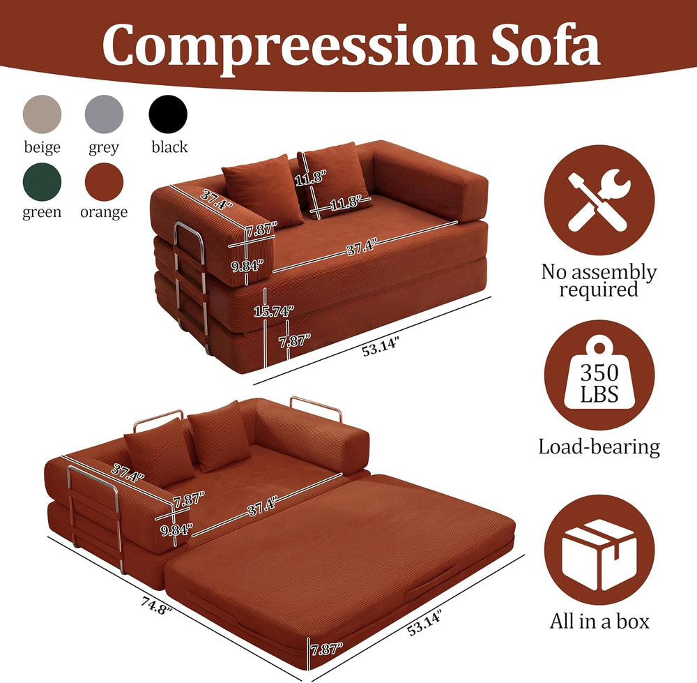 BSHOMGI Convertible Sofa Bed, 2 Seater Corduroy Futon Floor Bed Foldable Slee...