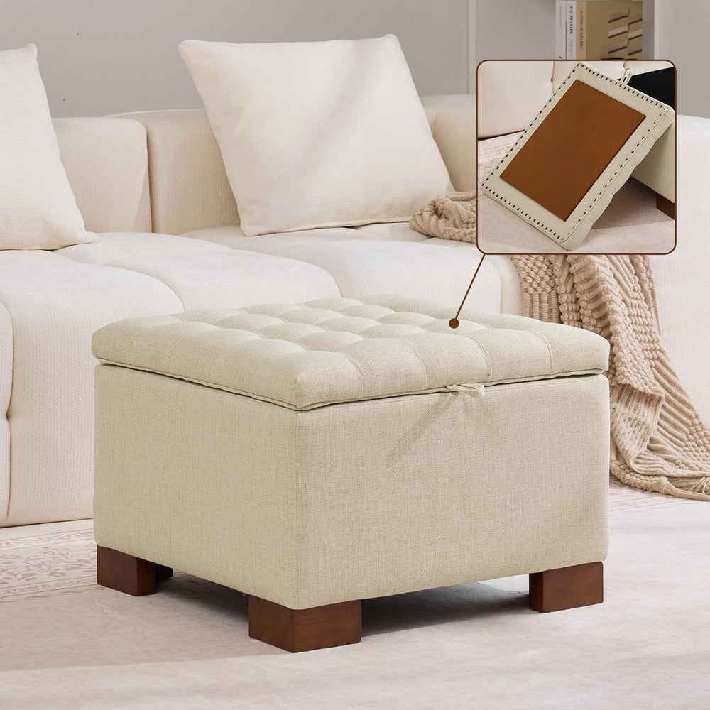 WUTUTUEE 24" Fabric Square Storage Ottoman with Wooden Tray, Modern Tuft...