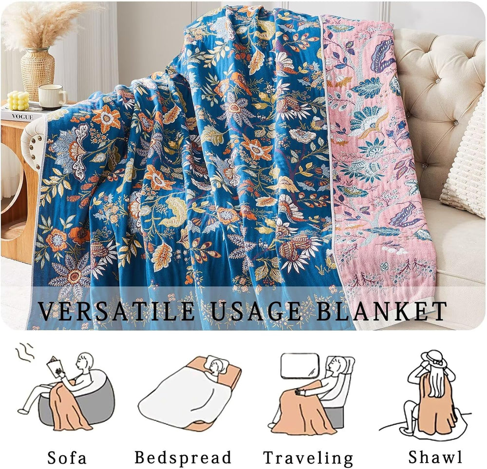 Boho Blanket Soft Muslin BohoThrow Blanket, 100% Cotton Floral Printed Farmho...