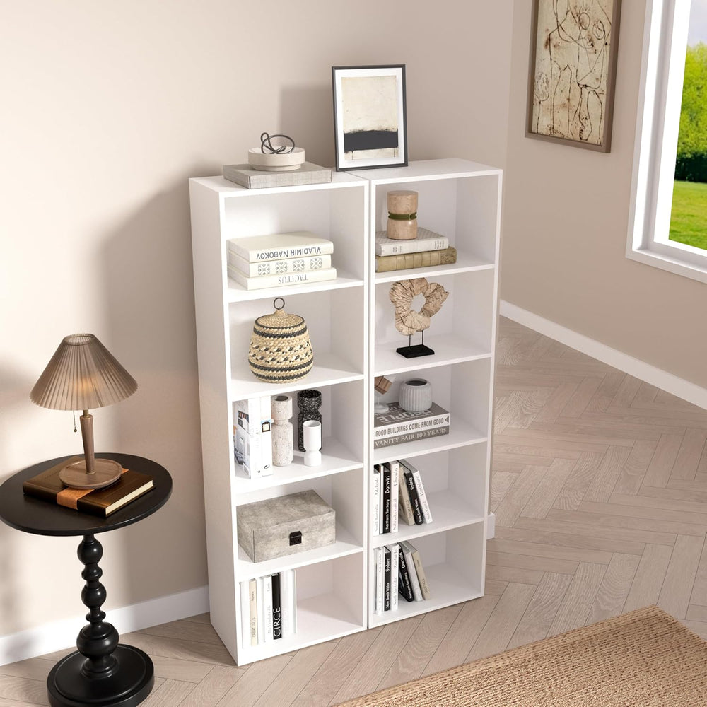 Wooden 5 Cube Storage Organizer, White 5 Tier Bookcase Bookshelf Freestanding...