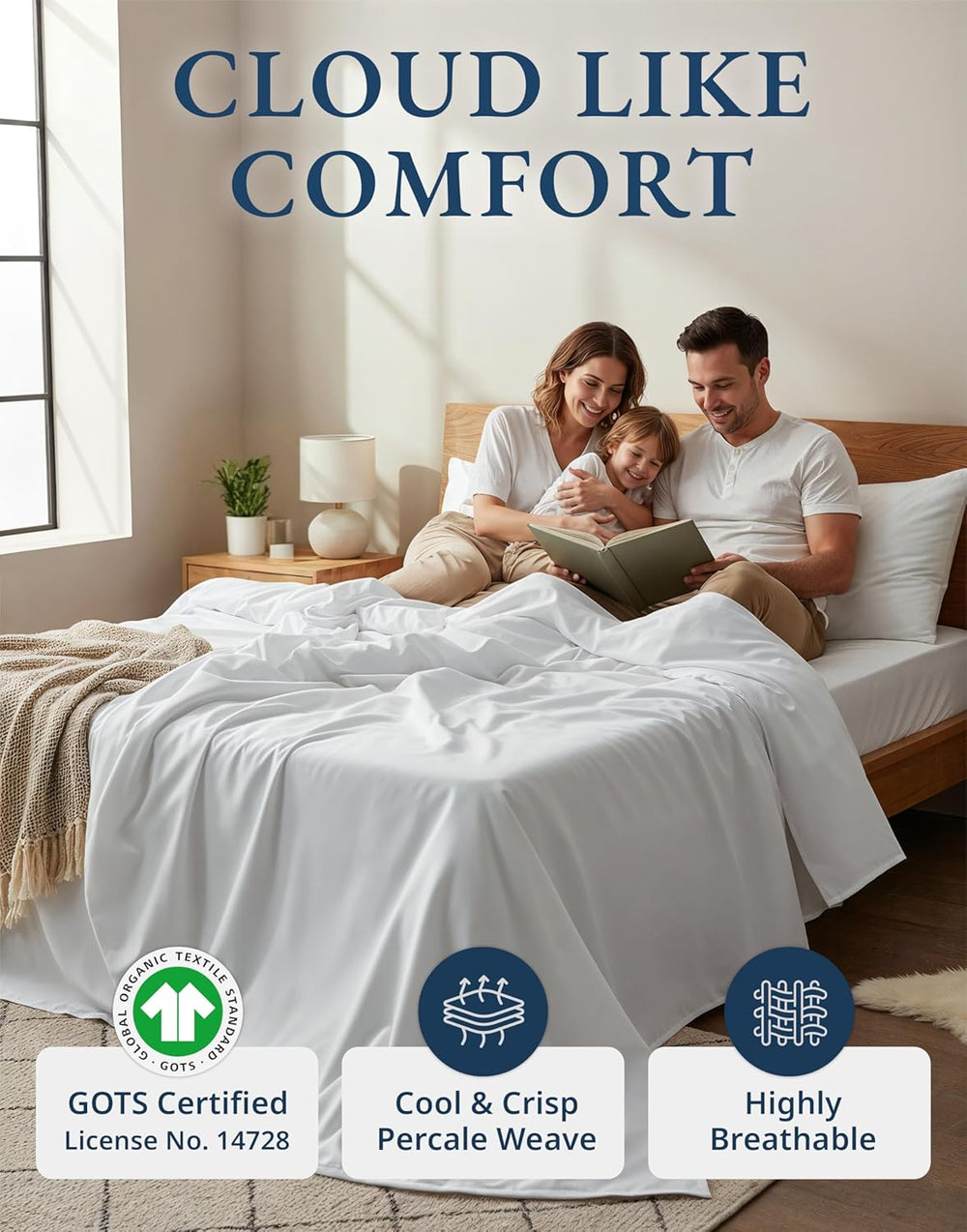LANE LINEN Queen Sheets 100% Organic Cotton GOTS Certified Percale Weave Deep...