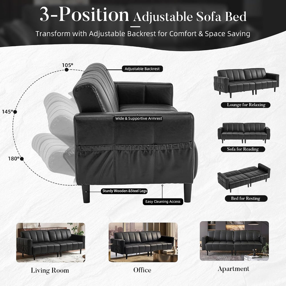 83" Faux Leather Futon Couch,Mid Century Modern Leather Sofa(Black)