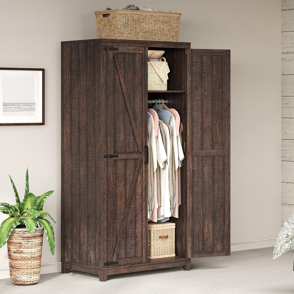 AMERLIFE 71" Farmhouse Wardrobe Closet with Hanging Rod & Barn Doors