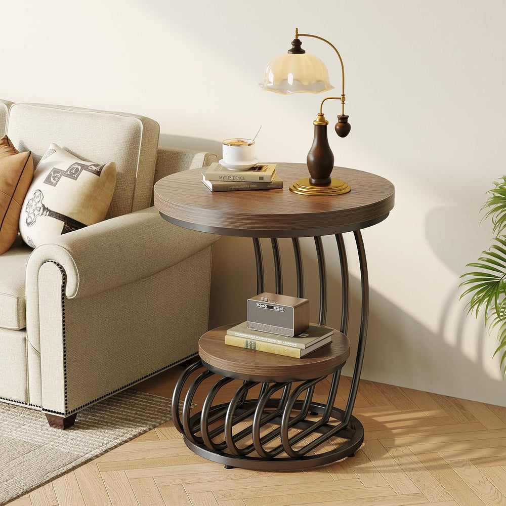 LITTLE TREE Round Side Table, Wood End Table with 2-Tier Storage Shelf, Accen...