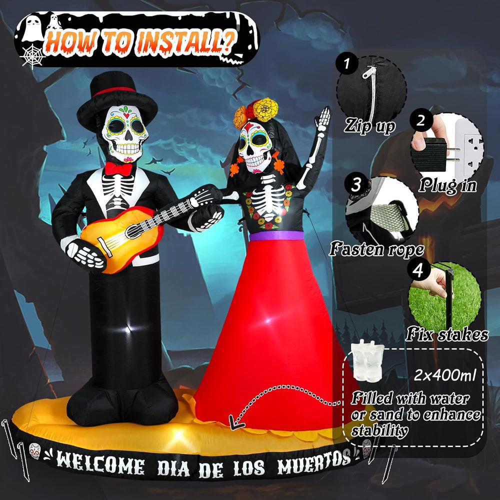 6 FT Halloween Inflatables Decor Day of The Dead Spooky Sugar Skull Couple Al...