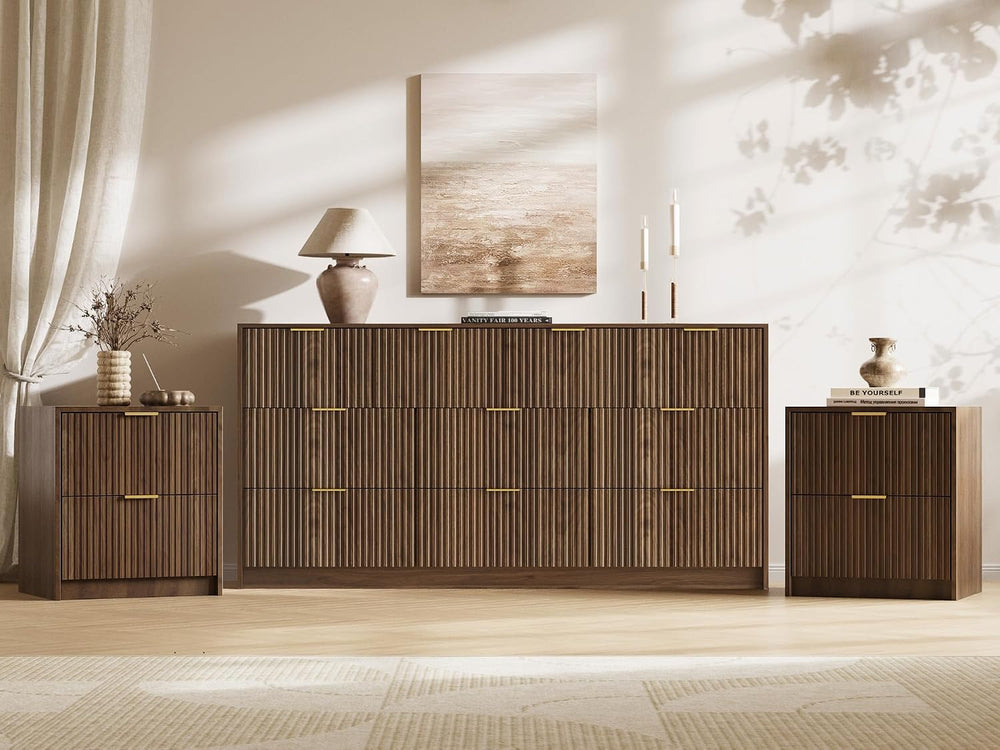 Walnut 3-Piece Bedroom Set, 10-Drawer Dresser & 2-Drawer Nightstands