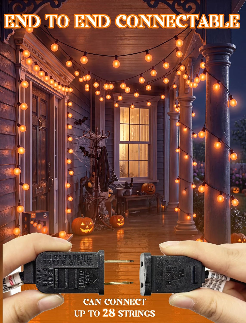 50FT Halloween Orange G40 LED Outdoor String Lights Plug in, 25 Globe Bulbs