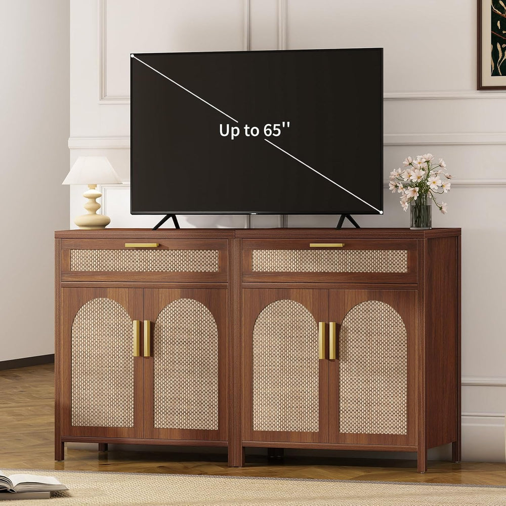 Rattan Buffet Cabinet with Storage, Sideboard Cabinet with Doors and Shelves,...