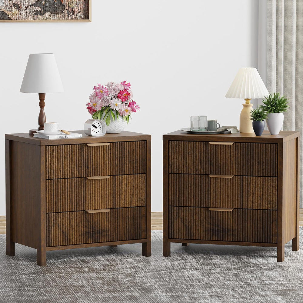 Fluted Nightstands Set of 2, 23.7'' Wide Night Stand with 3 Drawers, ...