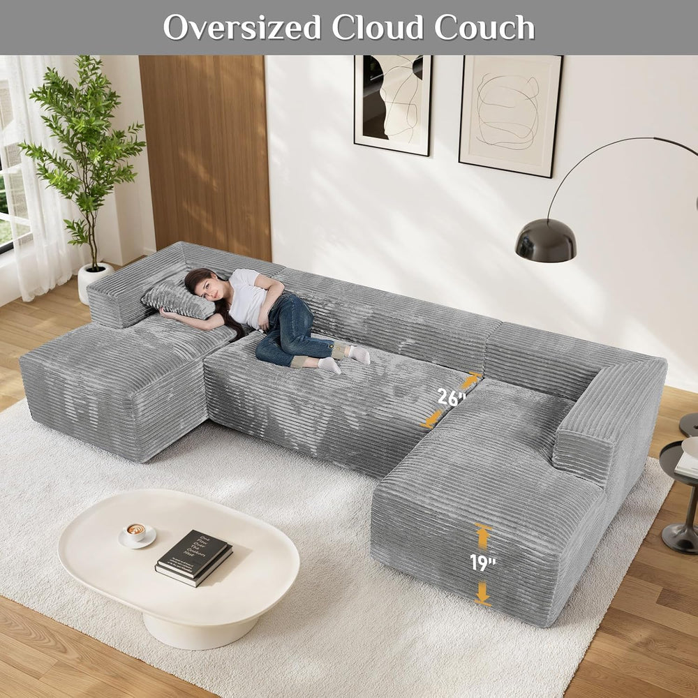 ONEMMLION 131" Oversized Cloud Boneless Couch Sofa with Chaise, Grey