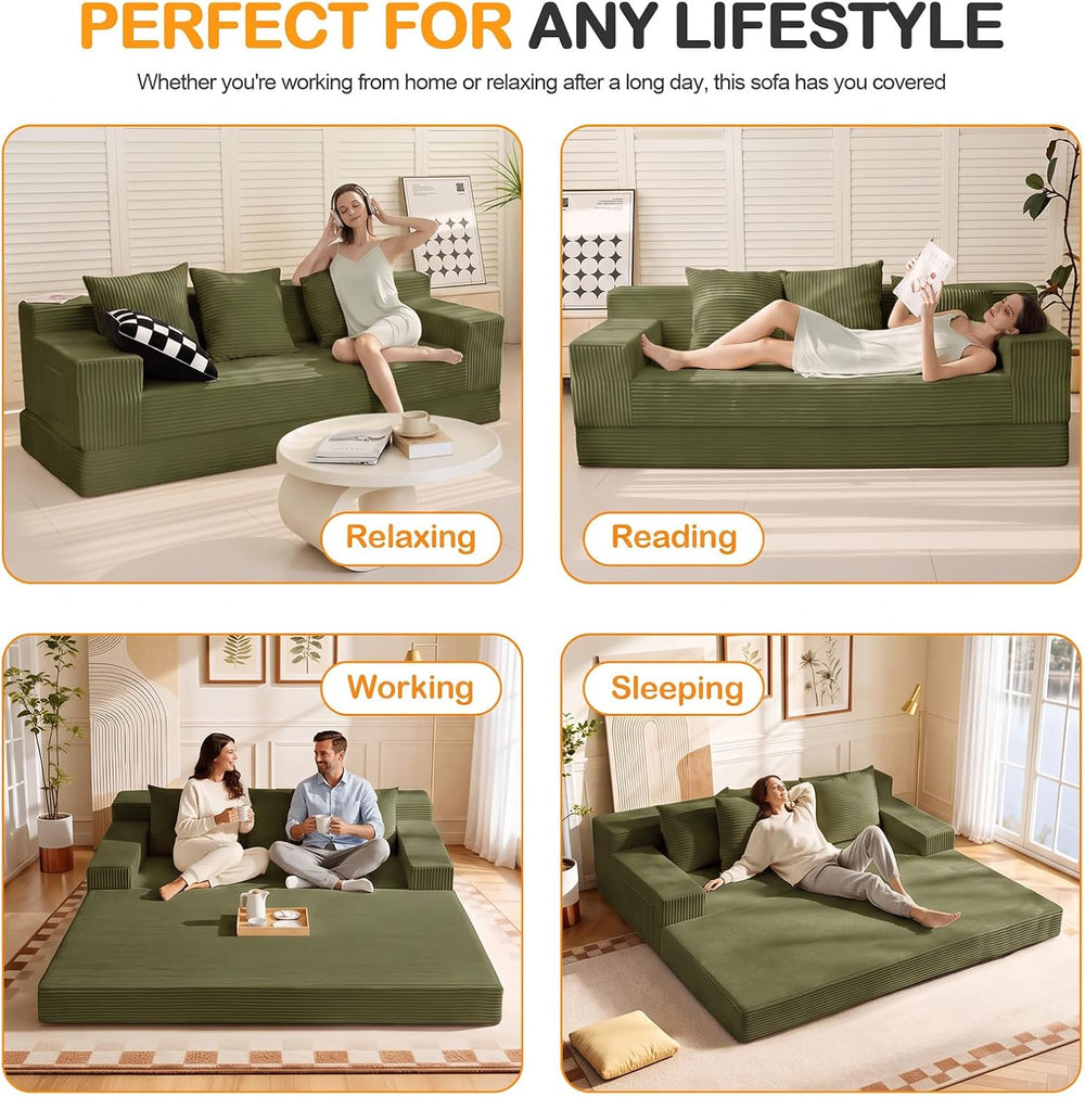 3 Seater Boneless Couch Sofa Bed, 78'' Corduroy Oversized Loveseat Fo...
