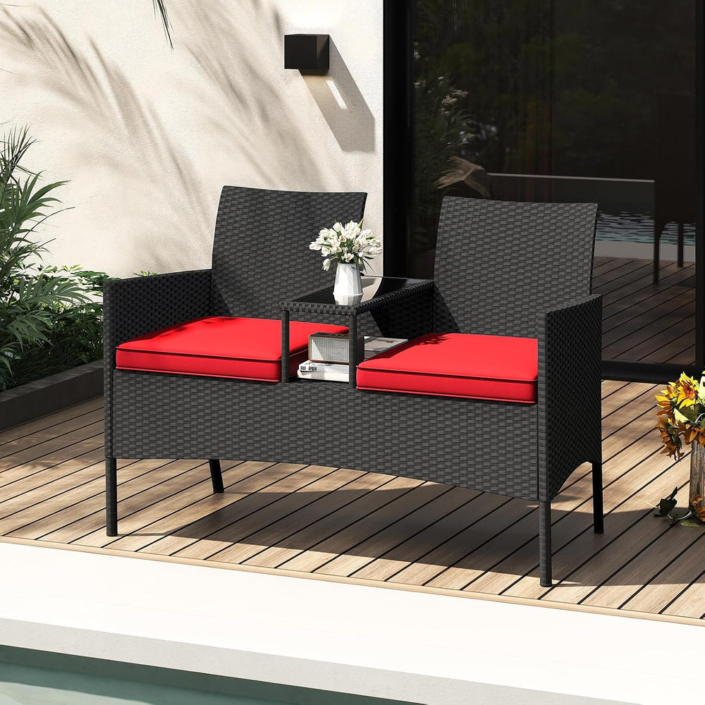Tangkula Patio Loveseat with Built-in Table, Wicker 2-Seat Furniture with Sof...