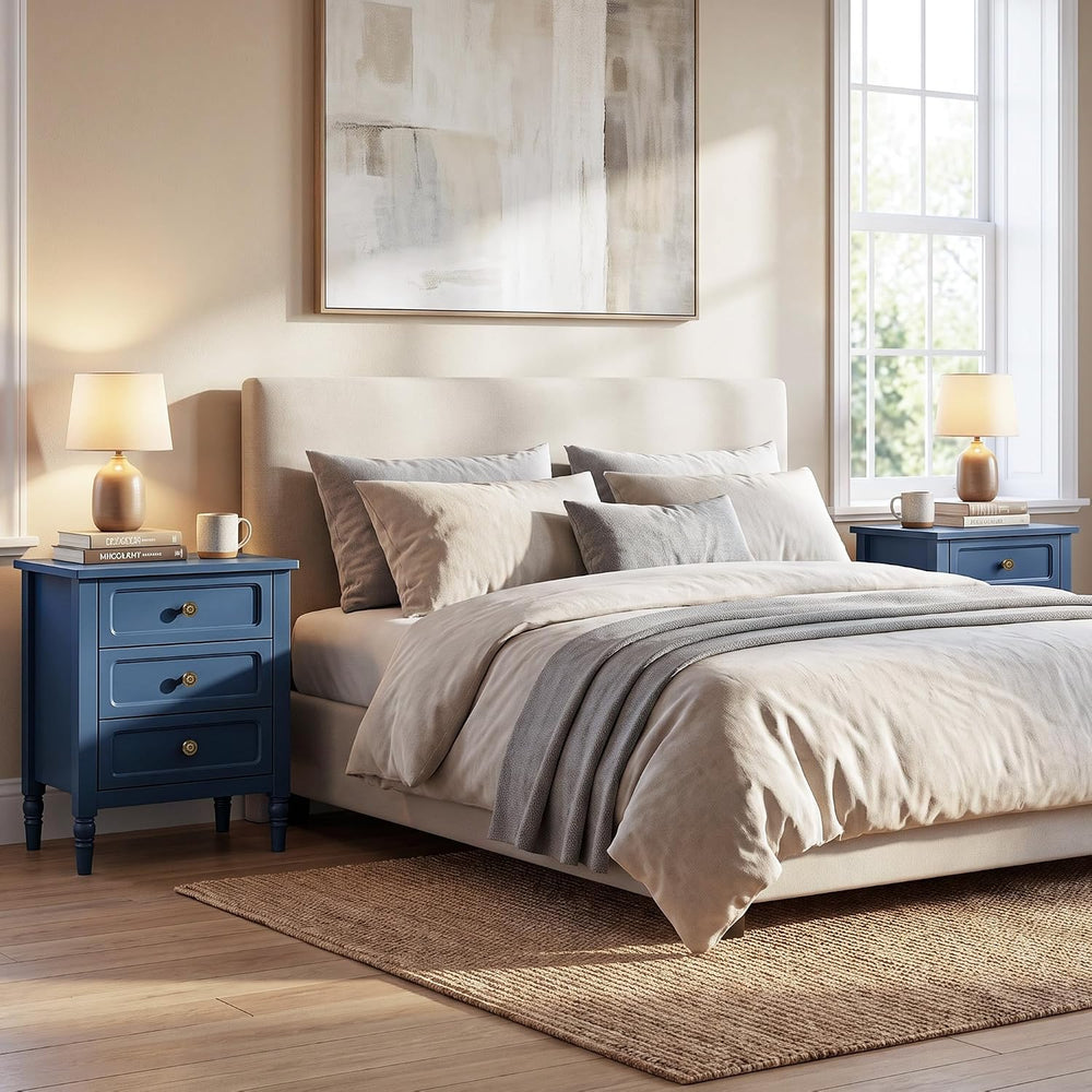 RoyalCraft Nightstand with 3 Drawers, Blue Wood Night Stand for Bedroom
