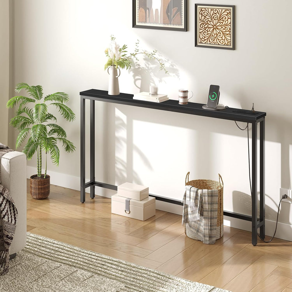 HOOBRO 55.1" Narrow Console Table with Power Outlets, 5.9" Behind C...