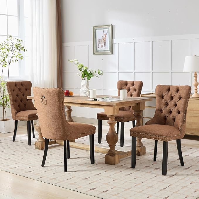 Modern Dining Chairs Set of 4, Tufted Upholstered Dining Chairs with Solid Wo...