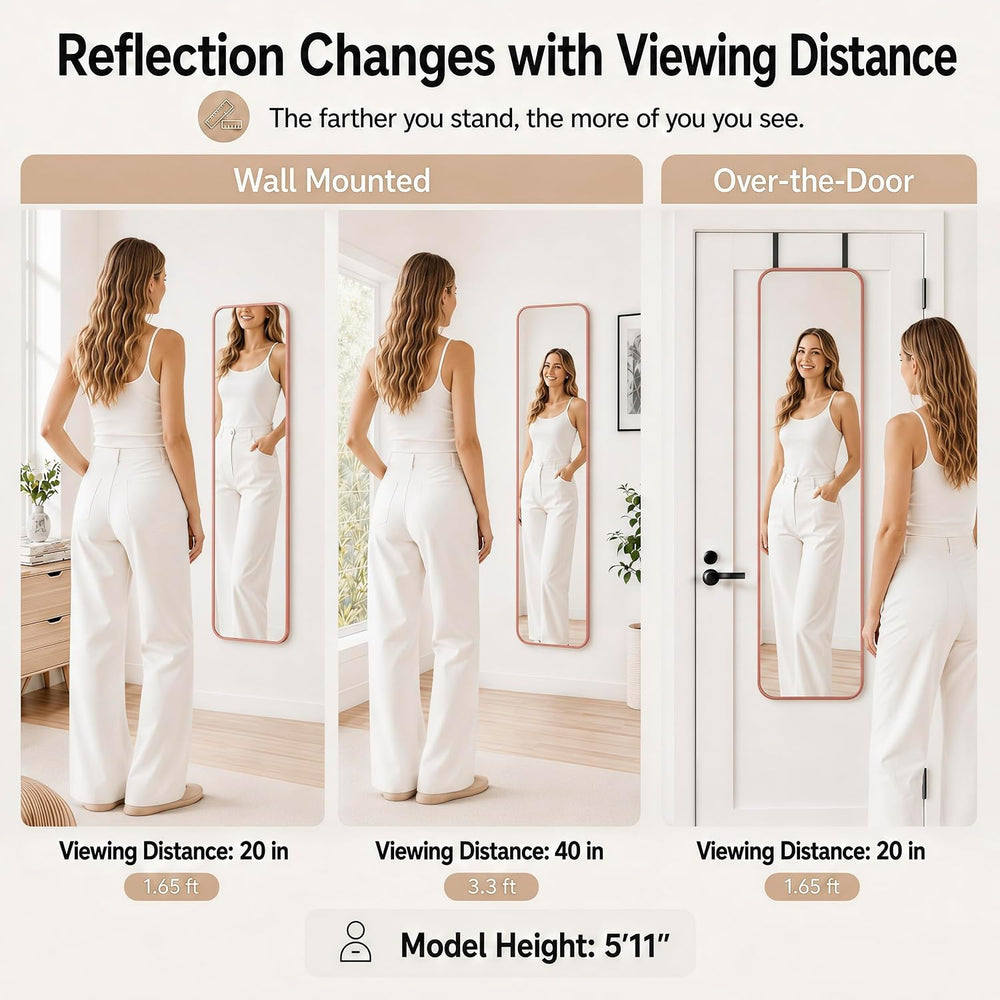47x14" Full Length Mirror Over the Door Hang or Wall Mounted RoseGold