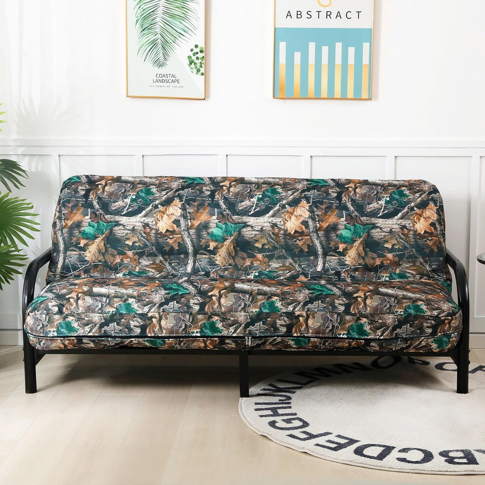 OctoRose Full Size 3 Side Zipper Linen Printing Camo Green Futon Cover Sofa D...
