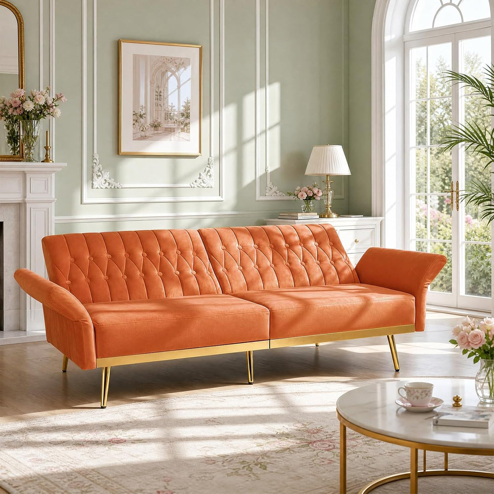 70” Velvet Futon Sofa Bed w/Adjustable Armrests, Orange