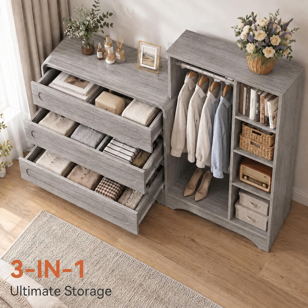 Dresser with Clothes Hanging Rack, Wardrobe Closet w/ 3 Drawers and Shelves