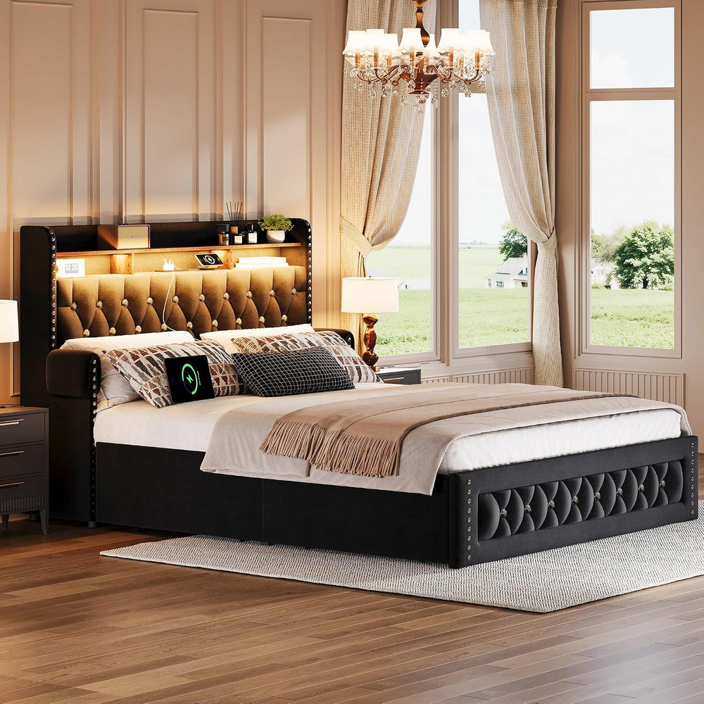 Ailisite Full Size Bed Frame with 4 Storage Drawers,Velvet Upholstered Full P...