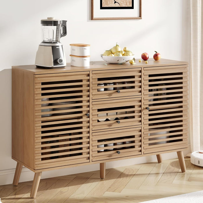 Furnify Buffet Cabinet with Slatted Doors, 47" W Sideboard Buffet with Drawers, Modern Mid Century Accent Storage Cabinet for Living Room, Entryway, Kitchen, Oak