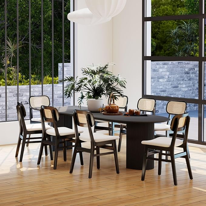 Black Dining Chairs Set of 4 Faux Leather Dining Room Chairs with Rattan Back...