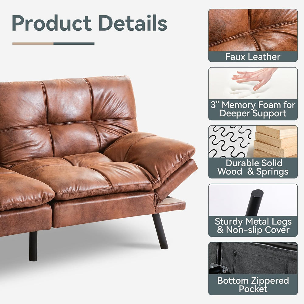 Futon Sofa Bed Convertible Couch, Brown Faux Leather Sofa Bed