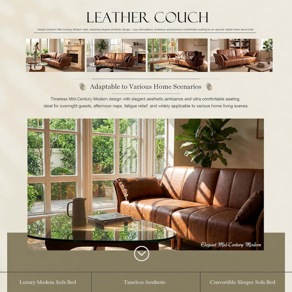 83" Mid Century Modern Futon Sofa Bed, Brown Faux Leather Couch