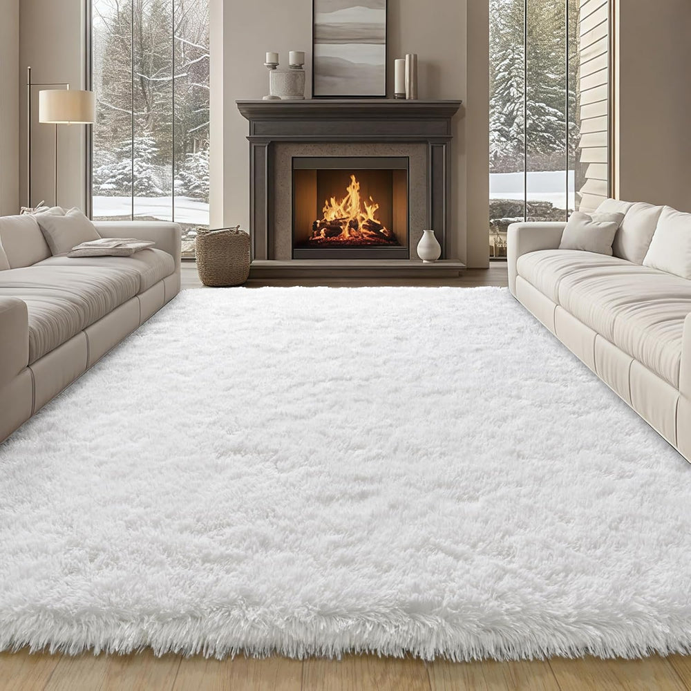 8x10 Large Area Rugs for Living Room, White Fluffy Shag Rug
