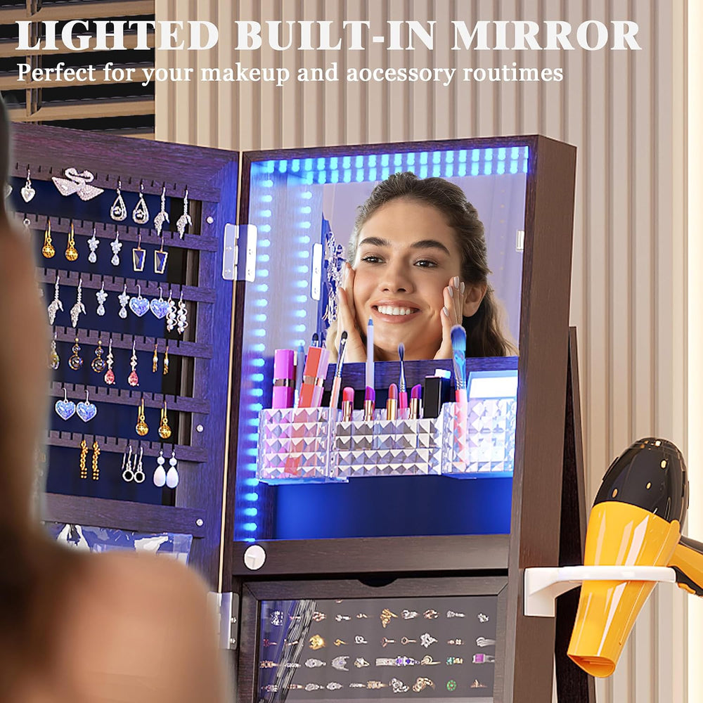 HNEBC 360° Swivel Jewelry Armoire with Mirror, LED Mirror Jewelry Cabinet Sta...