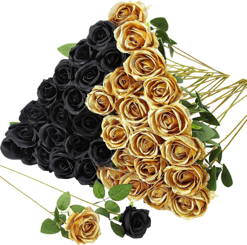 36 Pcs Silk Black Gold Rose Bouquet Bridal Artificial Flowers