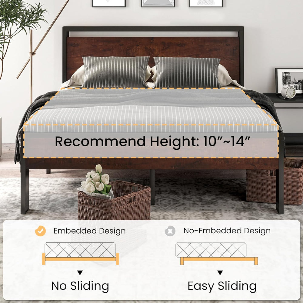 SHA CERLIN 14 Inch Full Size Metal Platform Bed Frame with Wooden Headboard a...