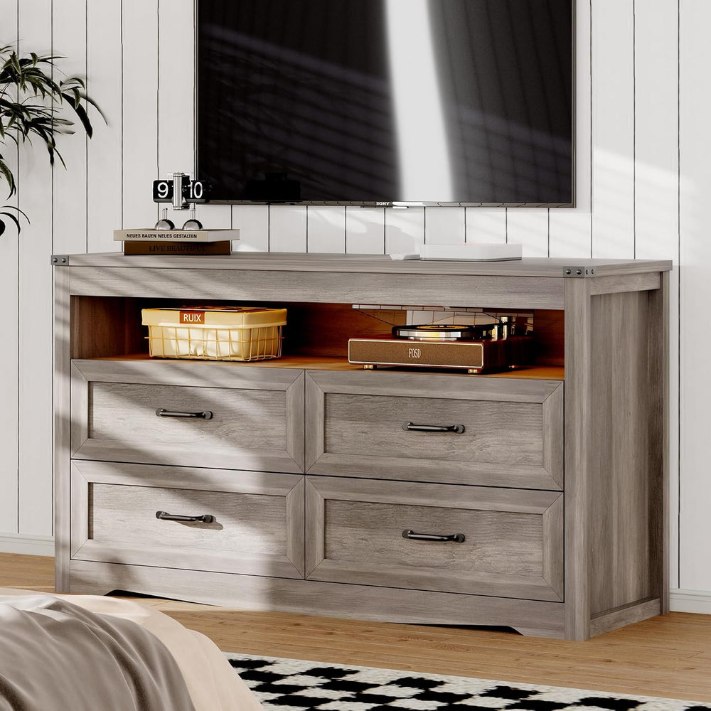 Xixini Dresser for Bedroom with LED Lights, 4-Drawer Grey Chest of Drawers
