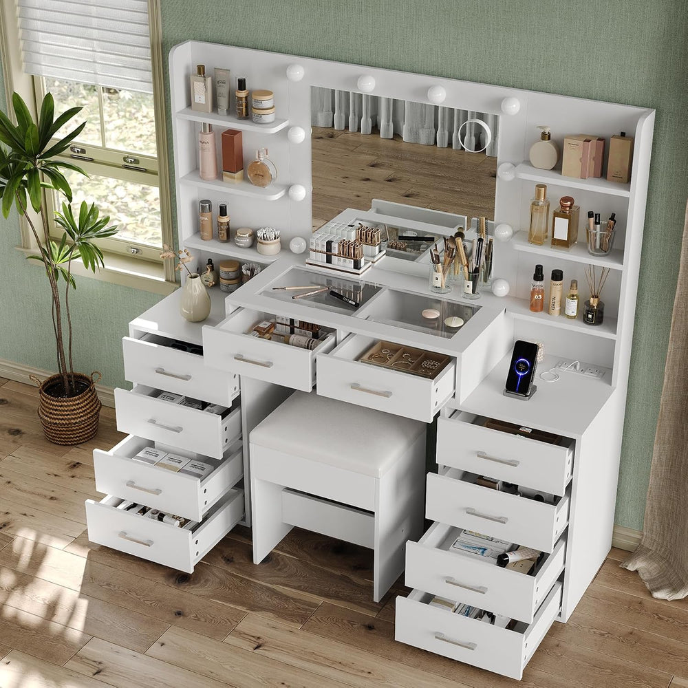 Yanosaku 55'' W Makeup Vanity with Mirror & Lights, 10 Drawers Va...