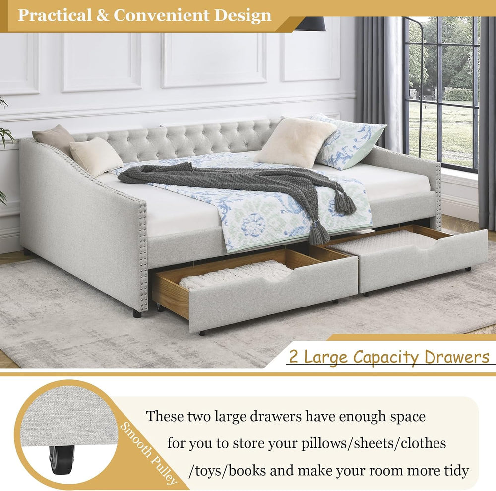 Wood Queen Size Daybed, Day Bed Frame with 2 Storage Drawers, Upholstered Bed...