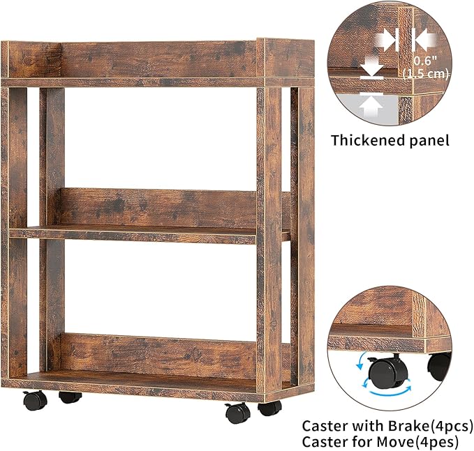 ALISENED 3 Tier Nightstand with Wheels, Wood Small Bookshelf and Bookcase, Fa...