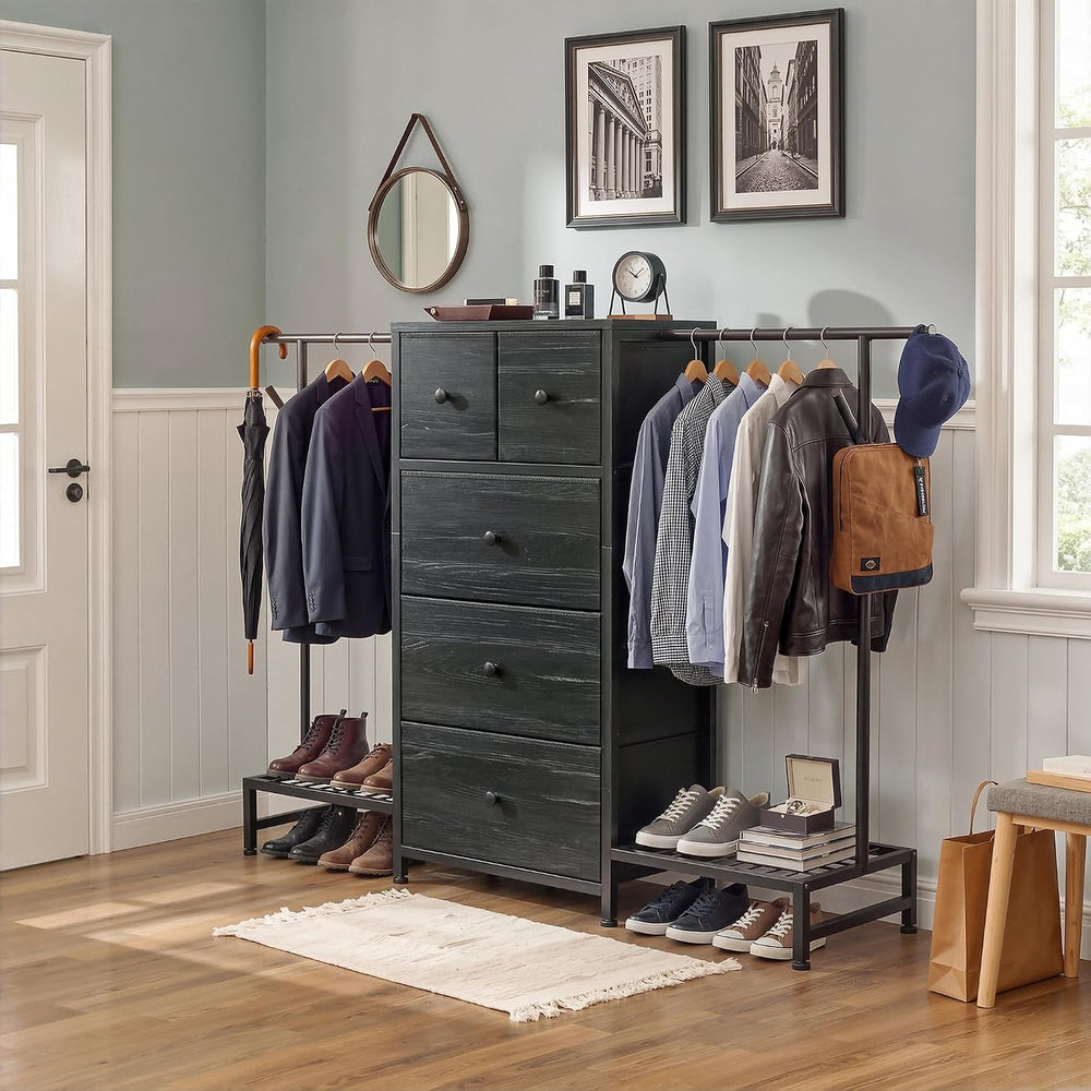 3-in-1 White Dresser with Hanging Rack, 5 Drawers & 2 Shoe Racks