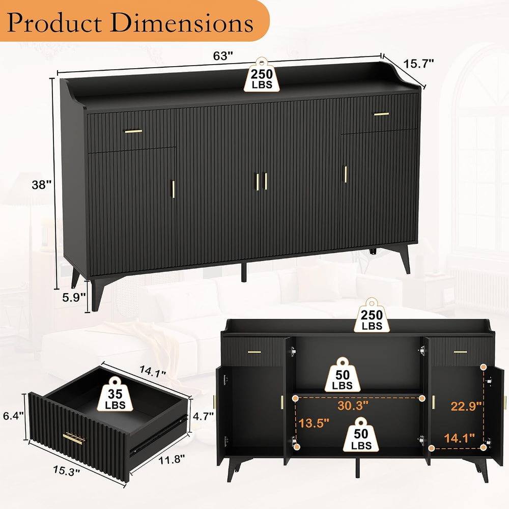 Sideboard Buffet Cabinet with Drawers: 63" Black Fluted Sideboard Cabine...