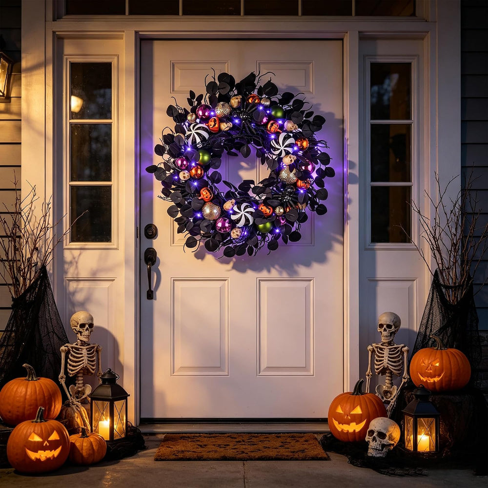 JORNOY 30-Inch Halloween Wreath with Battery Timer - Spider, Balls, Skull