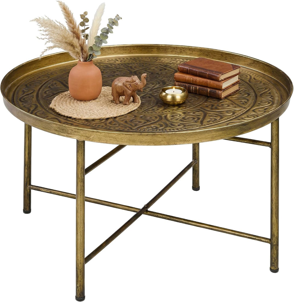 24-Inch Round Coffee Table with Hammered Tray Top and Metal Frame, Gold | Ham...