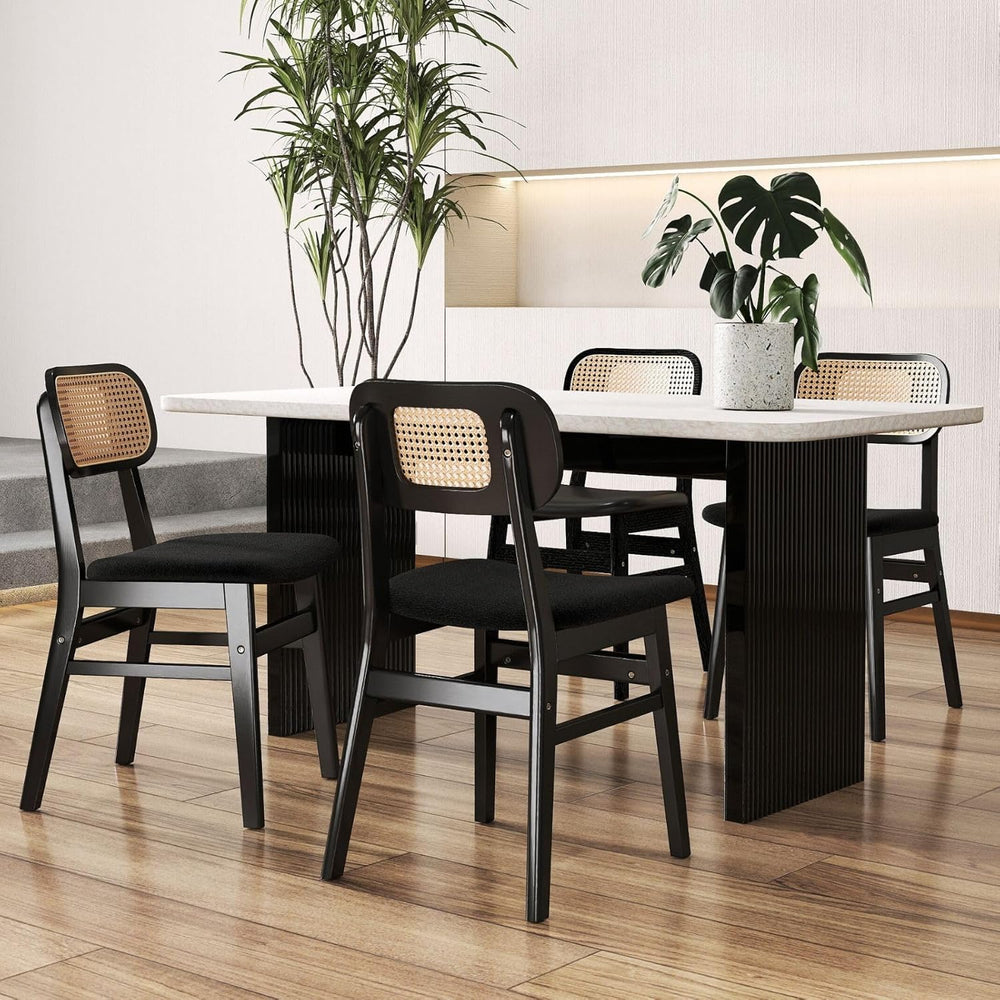 Black Rattan Dining Chairs Set of 4 Lambswool Dining Room Chairs Natural Wood...