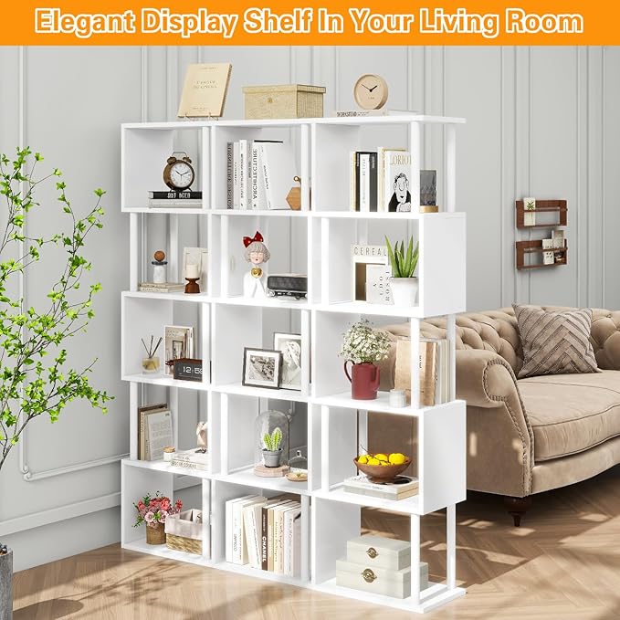 IBUYKE 6-Tier Tall Bookshelf,S-Shaped Geometric Bookcase, Wood Display Shelve...