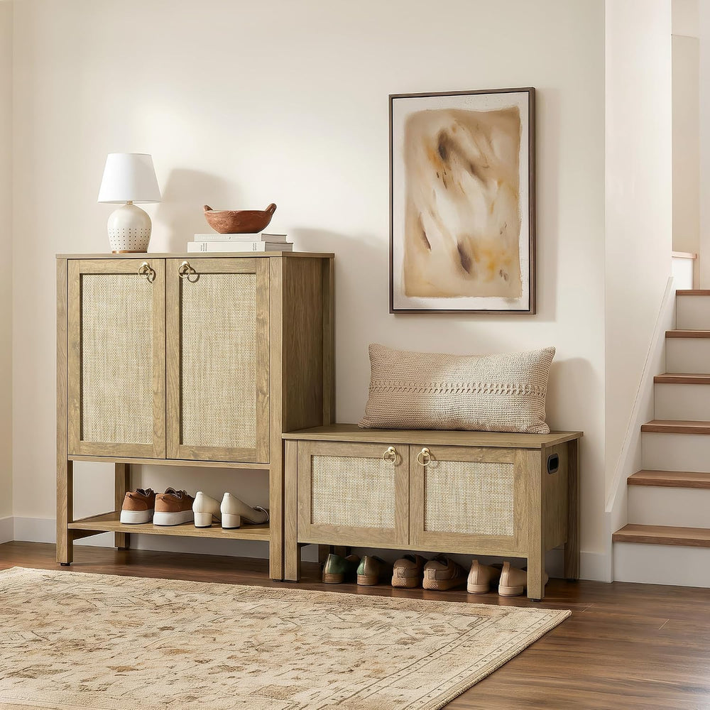SICOTAS Rattan Storage Bench Boho Storage Chest with 2 Safety Hinges | Wood S...