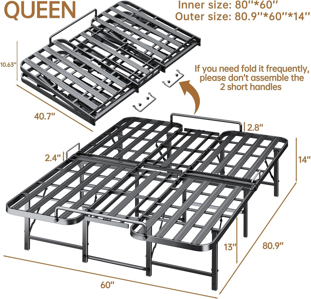Foldable Queen Bed Frame, Heavy Duty Folding Bed Frame Queen Size,14 Inch Stu...