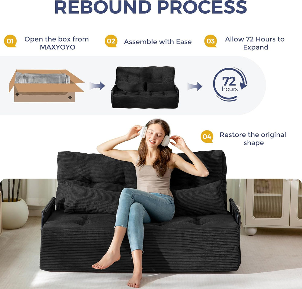 MAXYOYO 53" Adjustable Folding Sofa Bed Couch with 2 Pillows, Black