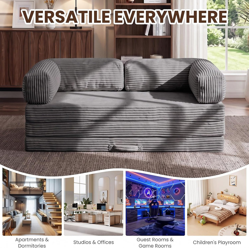 5-in-1 Convertible Sofa Bed,60" Boneless Couch with Pull Out Bed,Tri-Fol...