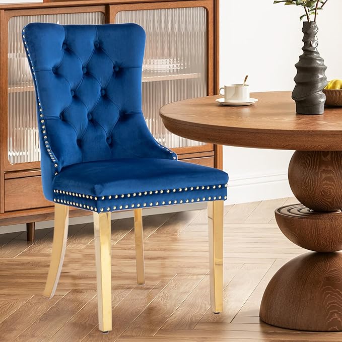 Velvet Upholstered Dining Chairs Set of 2, Modern Style Kitchen Side Chairs w...
