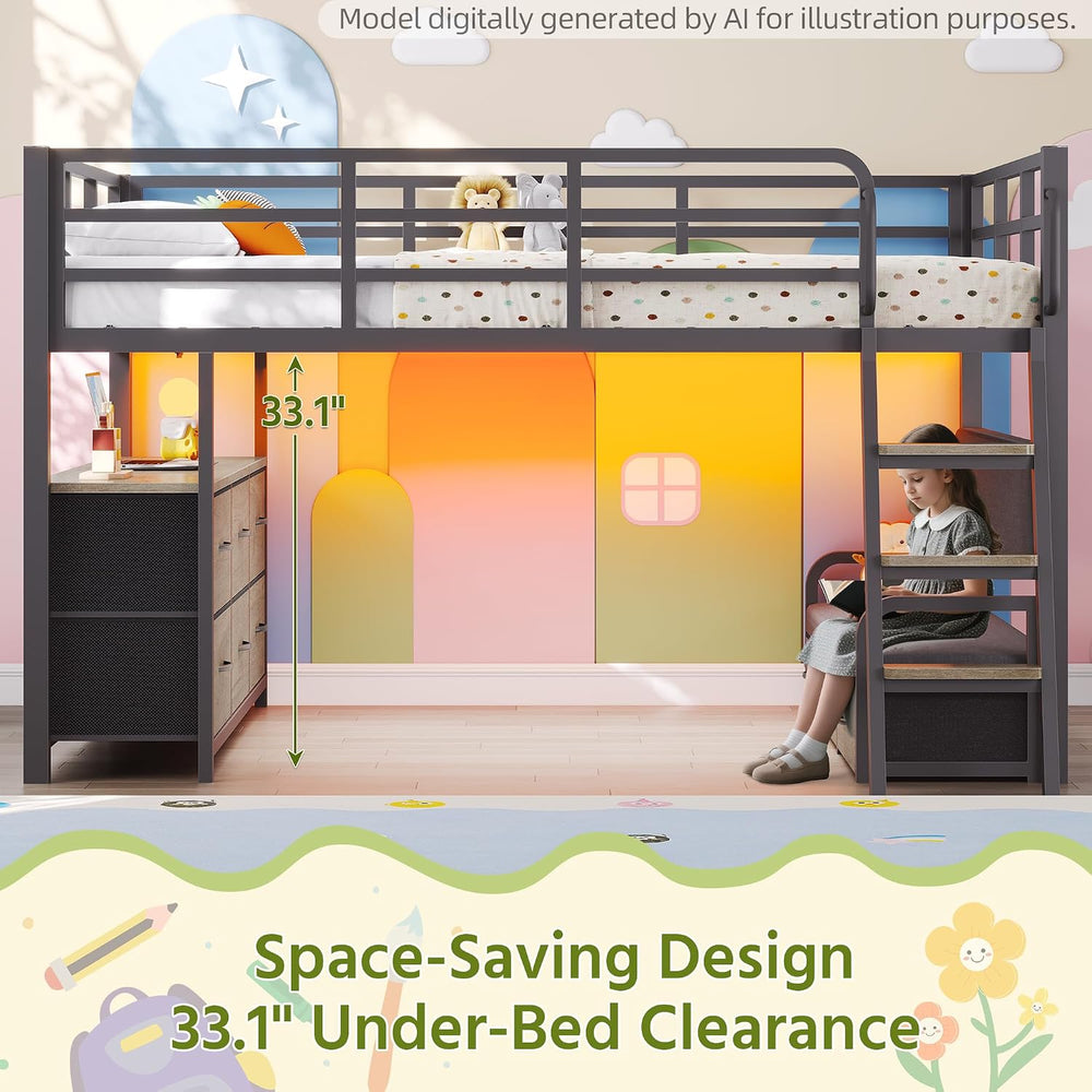 Low Loft Bed Full Size with Desk and 9 Storage Drawers, Oak Gray